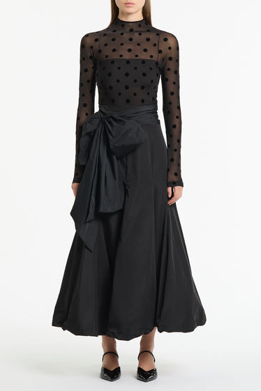 BLACK TAFFETA TIE WAIST BUBBLE SKIRT