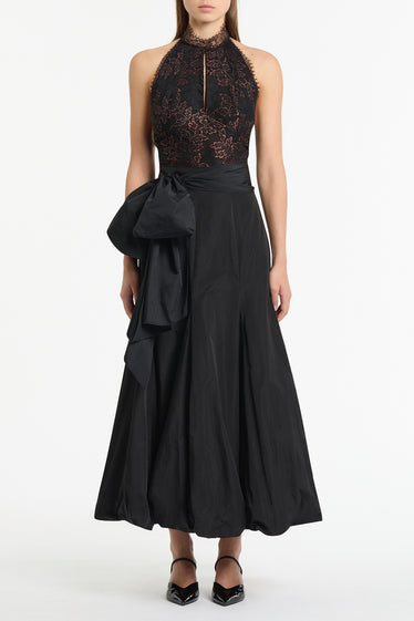 BLACK TAFFETA TIE WAIST BUBBLE SKIRT