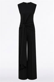BLACK CREPE WAISTED TIE FRONT JUMPSUIT