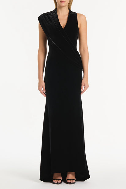 BLACK VELVET DRAPED GOWN