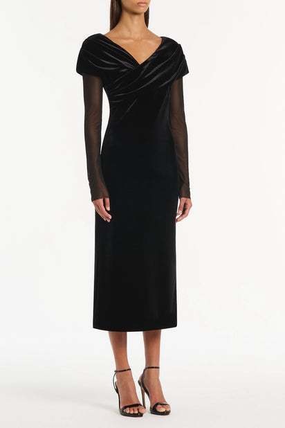 BLACK VELVET MESH DRAPED SHOULDER MIDI DRESS