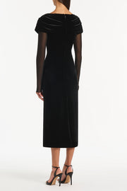 BLACK VELVET MESH DRAPED SHOULDER MIDI DRESS