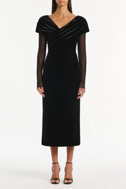 BLACK VELVET MESH DRAPED SHOULDER MIDI DRESS
