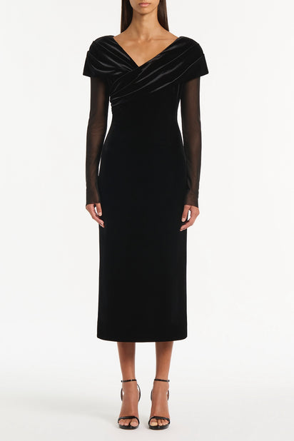 BLACK VELVET MESH DRAPED SHOULDER MIDI DRESS