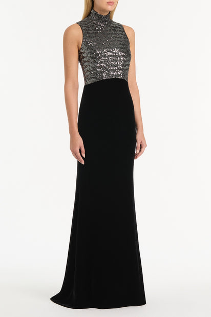 BLACK VELVET SEQUIN HALTER NECK DRESS
