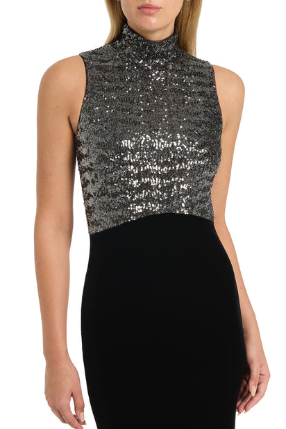 BLACK VELVET SEQUIN HALTER NECK DRESS