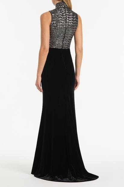 BLACK VELVET SEQUIN HALTER NECK DRESS