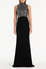 BLACK VELVET SEQUIN HALTER NECK DRESS