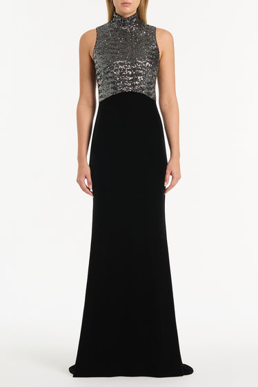 BLACK VELVET SEQUIN HALTER NECK DRESS