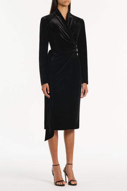 BLACK VELVET TIE FRONT MIDI DRESS