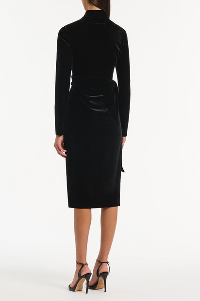BLACK VELVET TIE FRONT MIDI DRESS