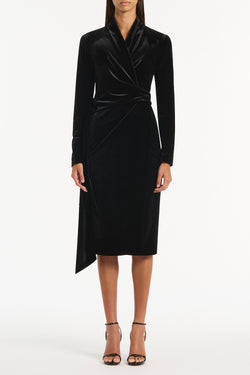 BLACK VELVET TIE FRONT MIDI DRESS