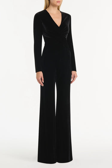 BLACK VELVET TUCK FRONT JUMPSUIT