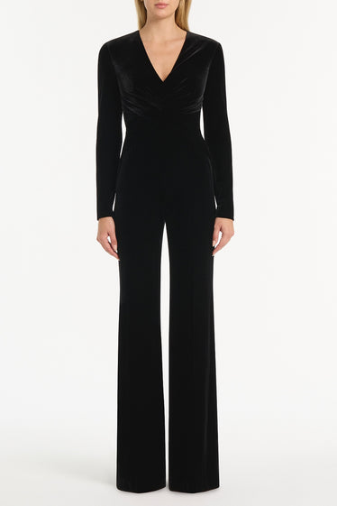 BLACK VELVET TUCK FRONT JUMPSUIT