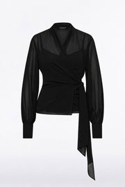 BLACK GEORGETTE LONG SLEEVE WRAP BLOUSE