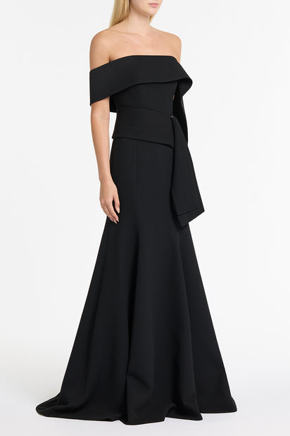 BLACK CREPE ASYMMETRICAL LA BANDA GOWN