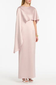 BLUSH LUSTRE SATIN ASYMMETRICAL CAPE GOWN