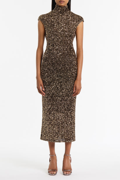 BRONZE CRUSHED SEQUIN CAP SLEEVE MIDI DRESS