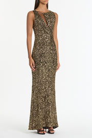 BRONZE CRUSHED SEQUIN MESH-INSERT DRESS