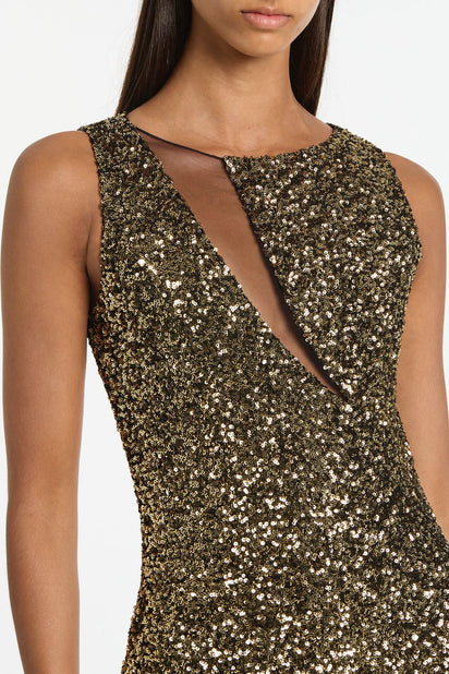 BRONZE CRUSHED SEQUIN MESH-INSERT DRESS
