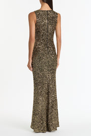 BRONZE CRUSHED SEQUIN MESH-INSERT DRESS
