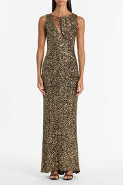 BRONZE CRUSHED SEQUIN MESH-INSERT DRESS