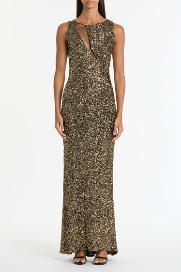 BRONZE CRUSHED SEQUIN MESH-INSERT DRESS