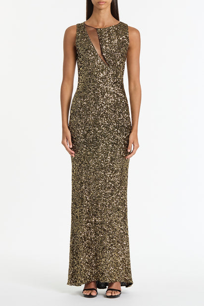 BRONZE CRUSHED SEQUIN MESH-INSERT DRESS
