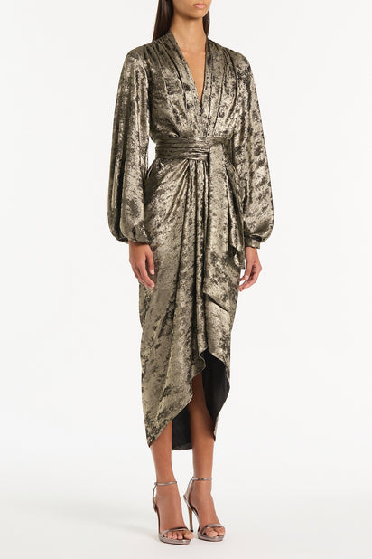 BURNISHED METALLIC WATERFALL DRESS