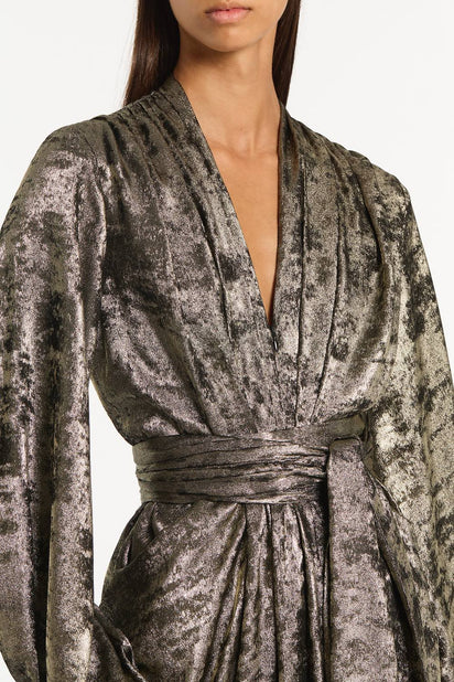 BURNISHED METALLIC WATERFALL DRESS
