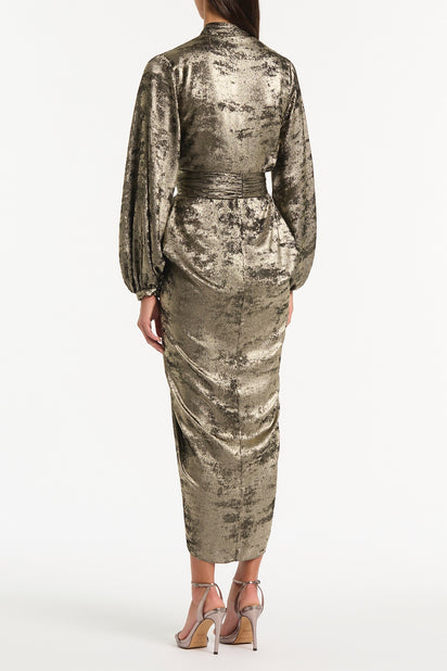 BURNISHED METALLIC WATERFALL DRESS
