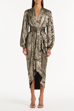 BURNISHED METALLIC WATERFALL DRESS