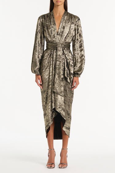 BURNISHED METALLIC WATERFALL DRESS