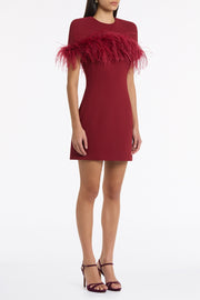 CABERNET CREPE FEATHER DETAIL MINI CAPE DRESS