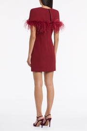 CABERNET CREPE FEATHER DETAIL MINI CAPE DRESS