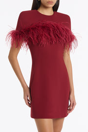 CABERNET CREPE FEATHER DETAIL MINI CAPE DRESS