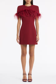 CABERNET CREPE FEATHER DETAIL MINI CAPE DRESS