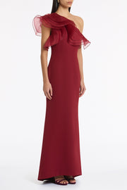 CABERNET CREPE ONE SHOULDER ORGANZA RUFFLE GOWN