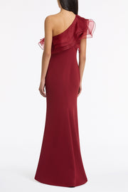 CABERNET CREPE ONE SHOULDER ORGANZA RUFFLE GOWN
