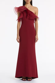CABERNET CREPE ONE SHOULDER ORGANZA RUFFLE GOWN