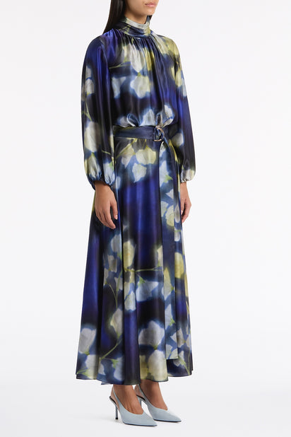 CALLA LILY SILK VISCOSE GATHERED SLEEVE DRESS