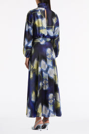 CALLA LILY SILK VISCOSE GATHERED SLEEVE DRESS