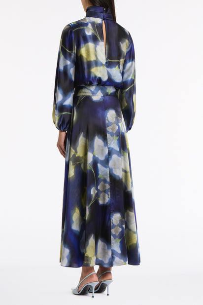 CALLA LILY SILK VISCOSE GATHERED SLEEVE DRESS