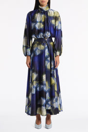 CALLA LILY SILK VISCOSE GATHERED SLEEVE DRESS