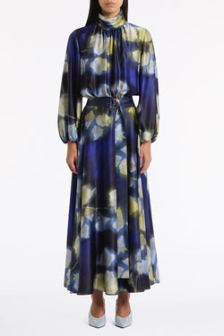 CALLA LILY SILK VISCOSE GATHERED SLEEVE DRESS