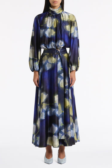 CALLA LILY SILK VISCOSE GATHERED SLEEVE DRESS