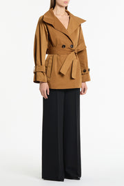 CAMEL TAFFETA TWILL SHORT TRENCH COAT