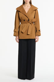 CAMEL TAFFETA TWILL SHORT TRENCH COAT