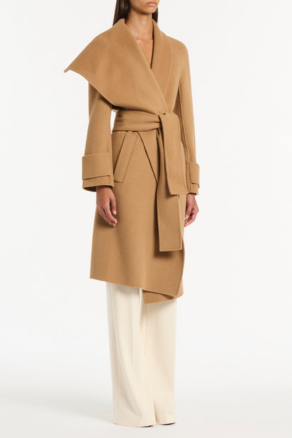 CAMEL WOOL DRAPE FRONT COAT
