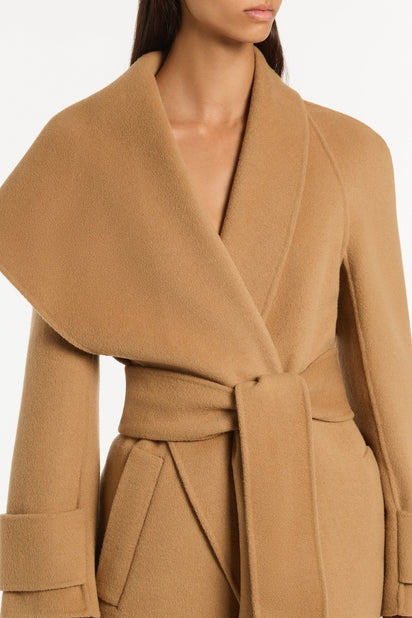 CAMEL WOOL DRAPE FRONT COAT